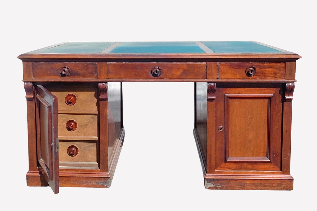 Victorian Mahogany Twin Pedestal Partners Desk with Green Leather Top
