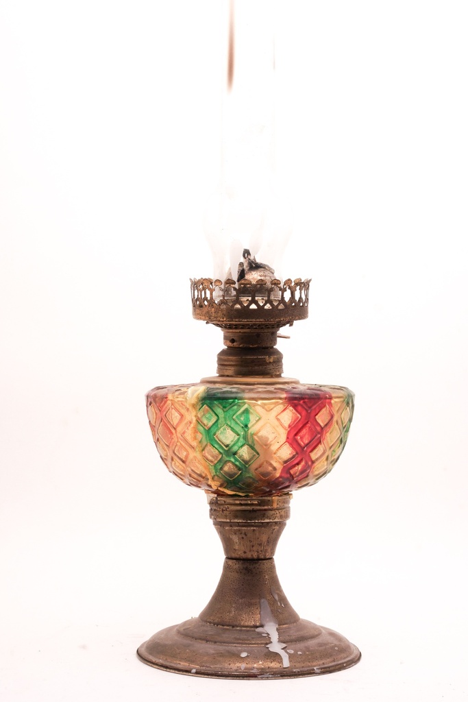 Vintage Multicolored Glass Oil Lamp with Flame