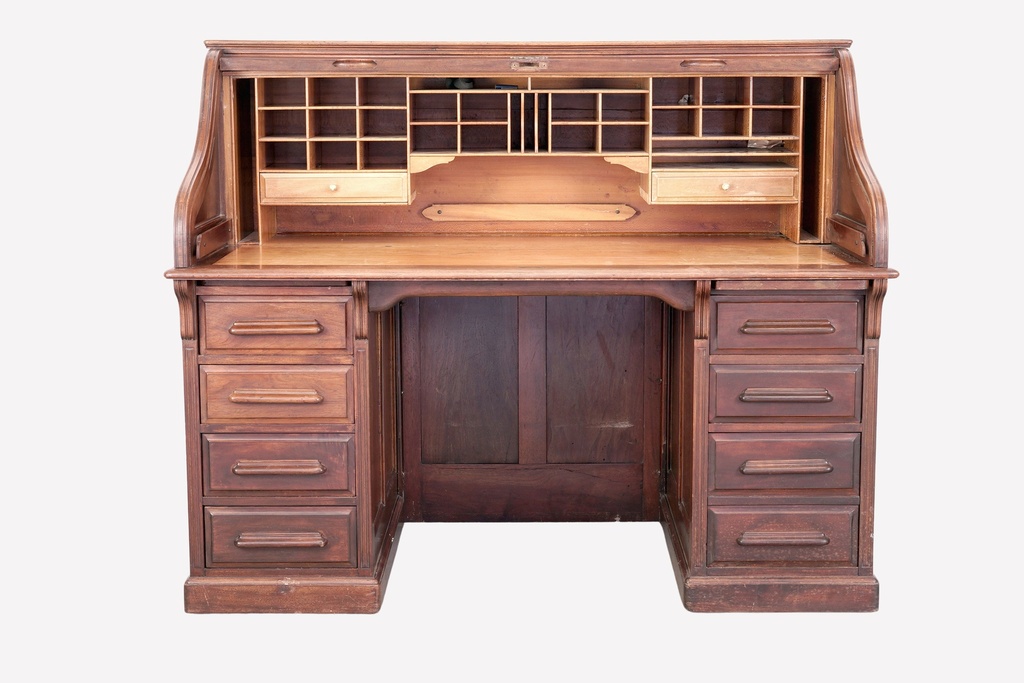 Antique Roll-Top Wooden Desk with Storage Compartments