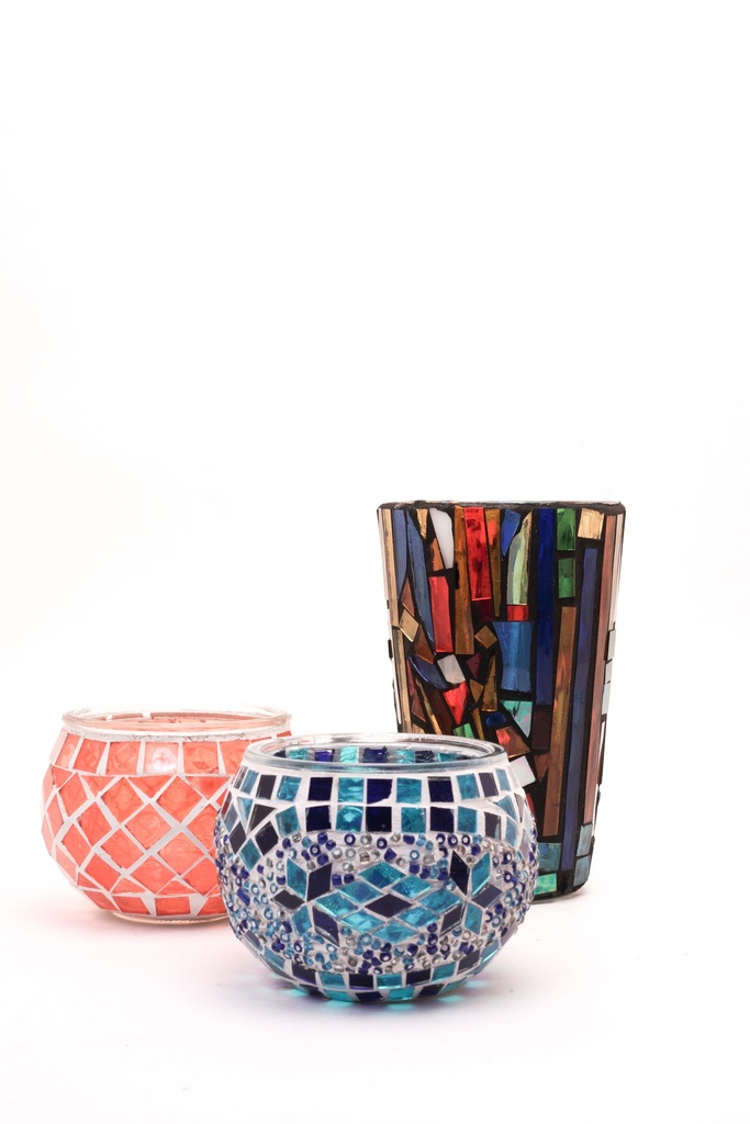 Colorful Mosaic Glass Candle Holders and Vase Set