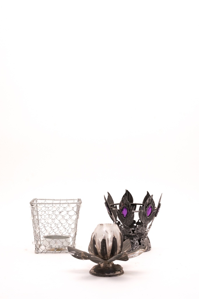 Gothic Metal Crown and Floral Candleholder Set with Wire Basket