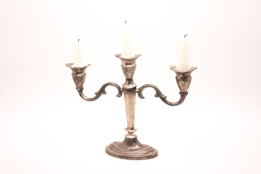 Antique Silver Three-Arm Candelabra with Dripped Wax Candles