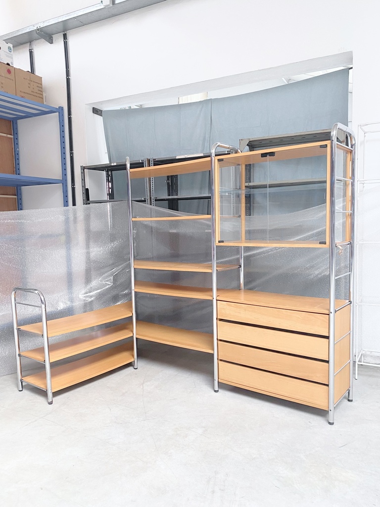 Modern Industrial Shelving Unit with Light Wood and Metal Frame