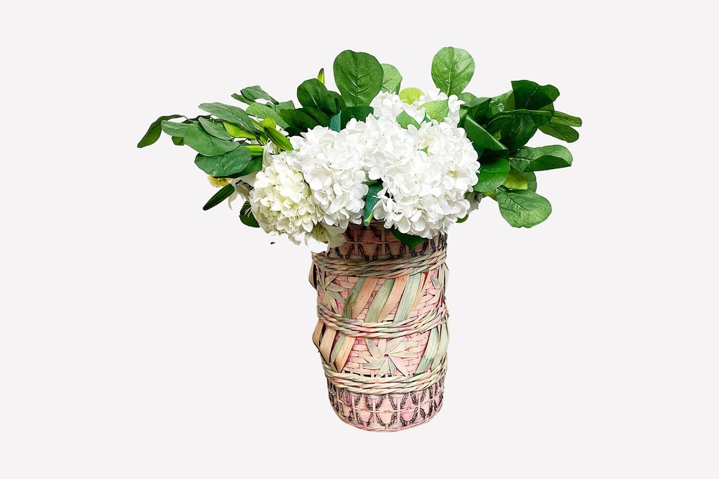 Woven Basket with White Hydrangeas and Greenery