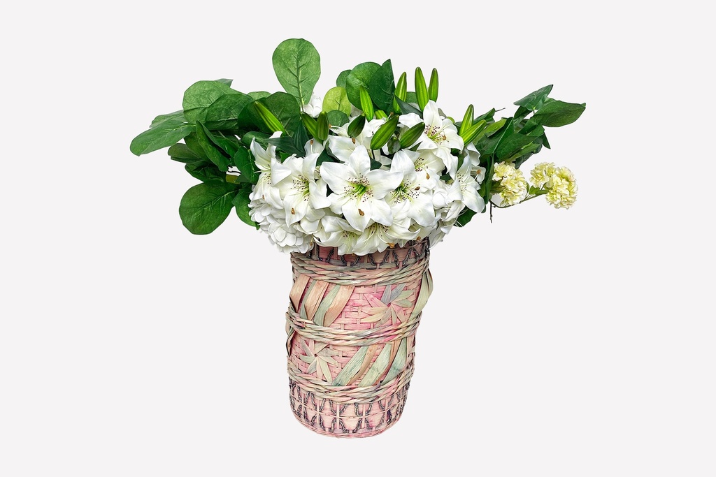 Woven Pastel Basket with White Floral Arrangement