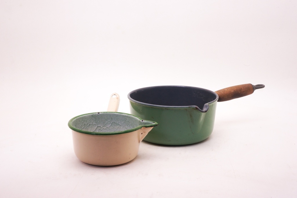 Vintage Enamel Saucepan Duo with Wooden Handle