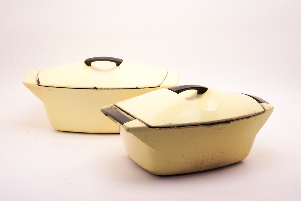 Vintage Yellow Enameled Casserole Dishes with Lids