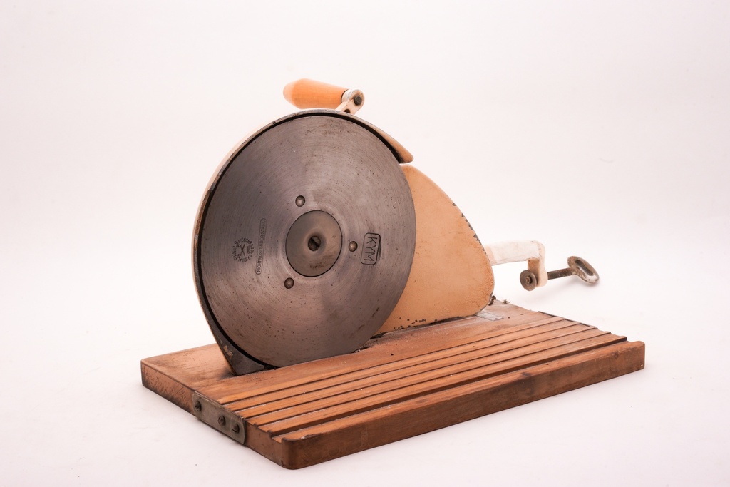 Vintage Hand-Crank Meat Slicer with Wooden Base