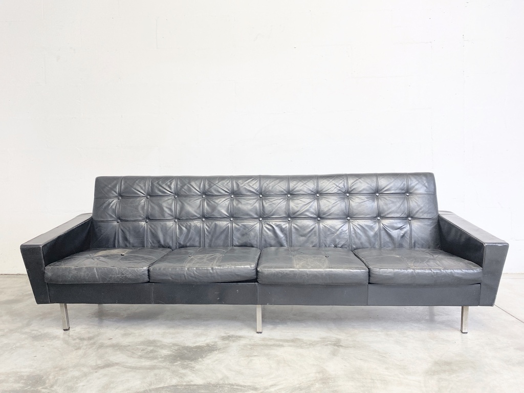 Worn Black Leather Mid-Century Modern Sofa