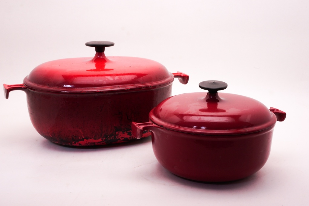 Vintage Red Enameled Cast Iron Dutch Ovens Set
