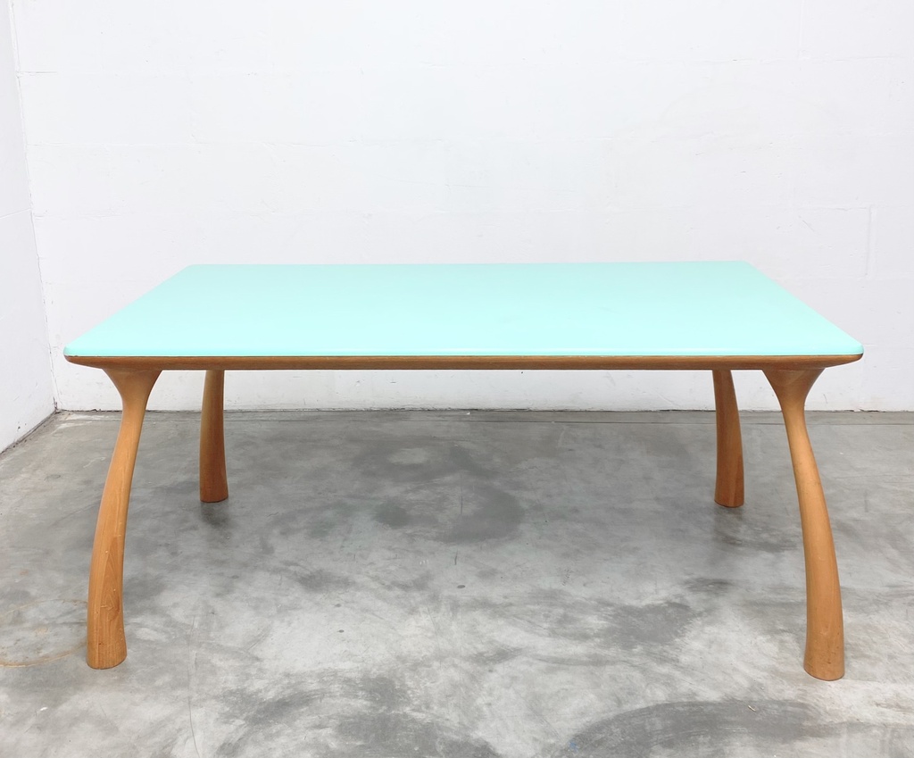Mid-Century Modern Aqua Dining Table with Sculpted Wood Legs