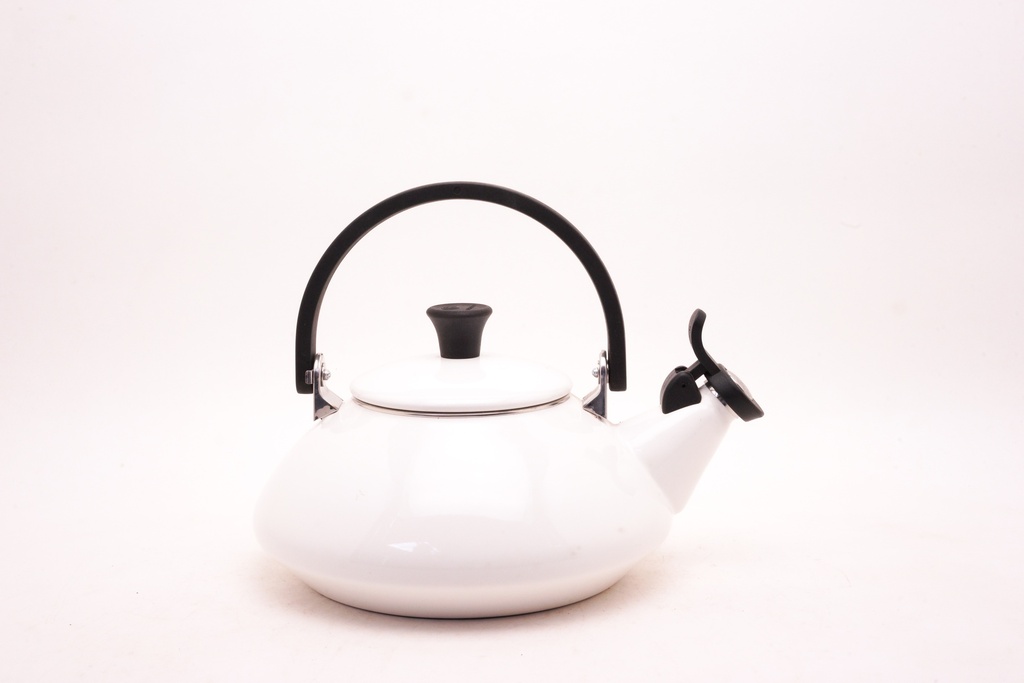 Classic White Enamel Whistling Tea Kettle with Black Handle