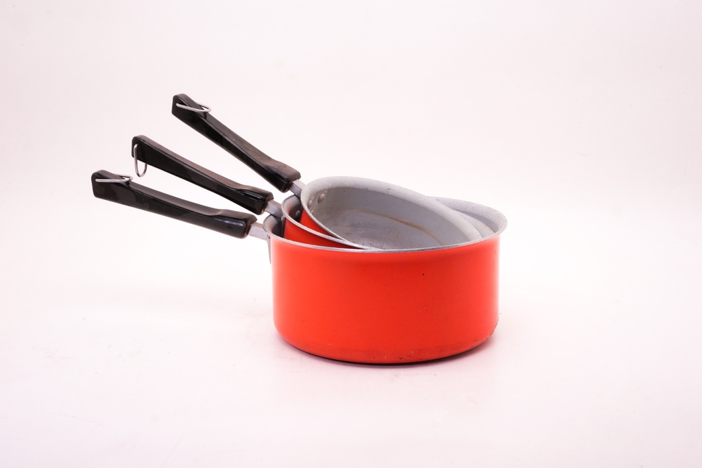 Stacked Red Cooking Pan and Frying Pans with Black Handles
