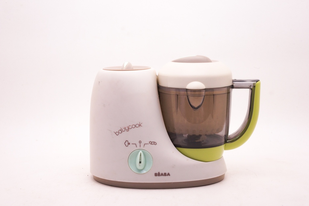 Beige and Green Baby Food Processor with Transparent Bowl
