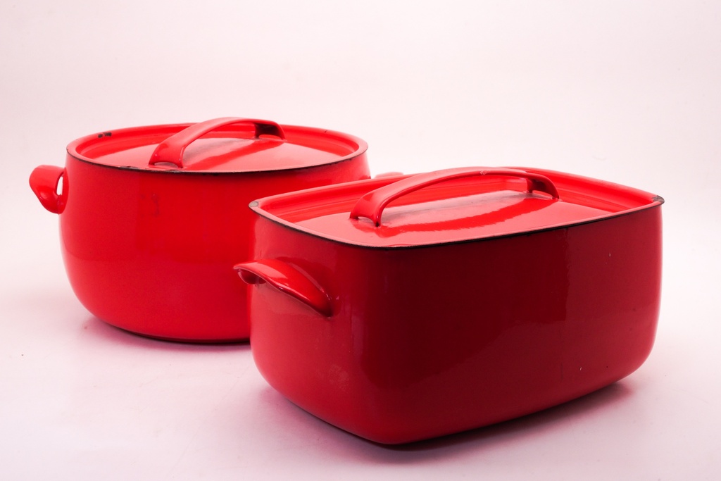 Vintage Red Enamel Casserole Pots with Lids