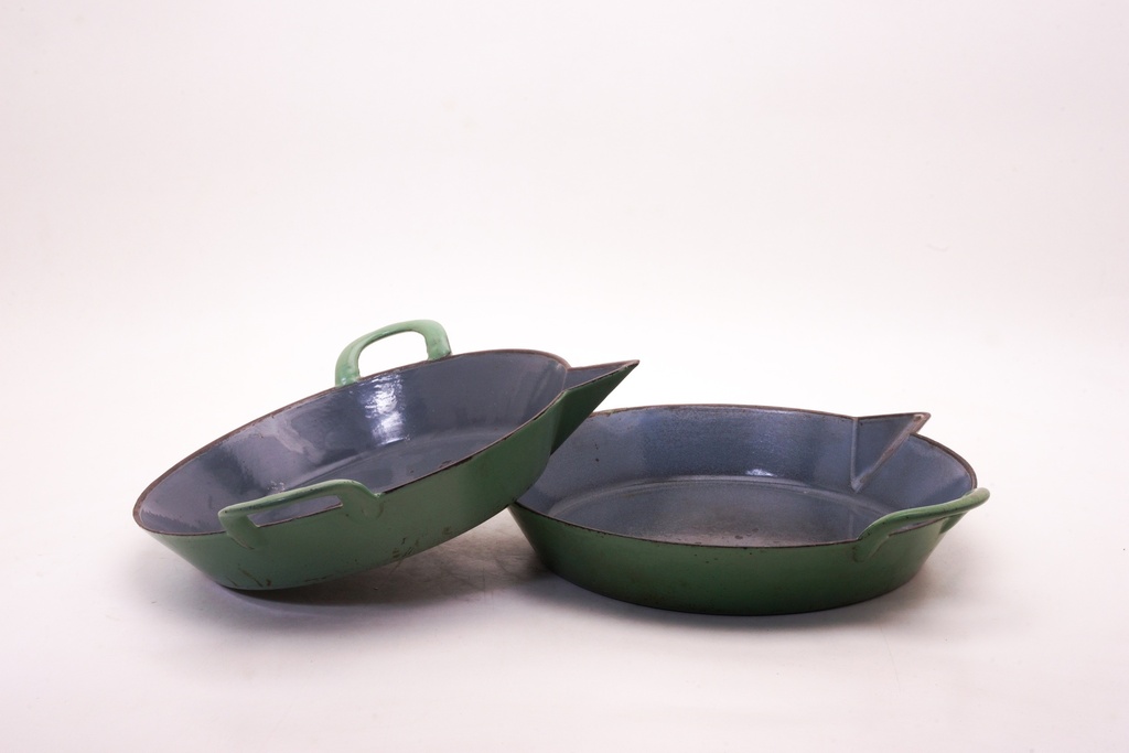 Vintage Green Enamel Cast Iron Skillets with Pour Spouts
