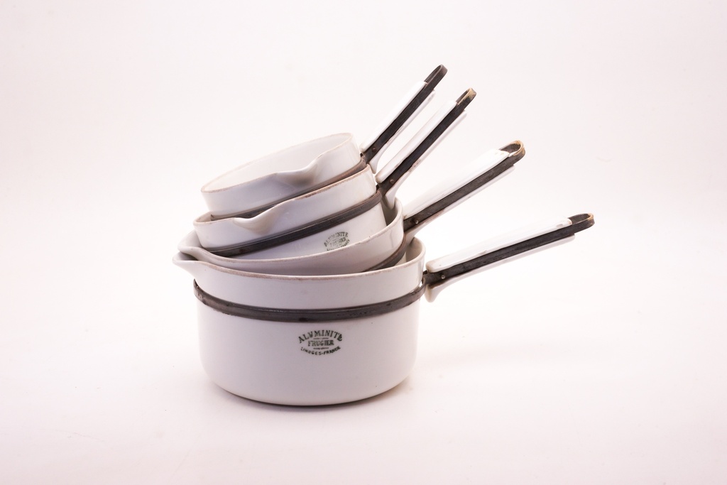 Vintage White Enamel Nesting Saucepan Set with Black Handles