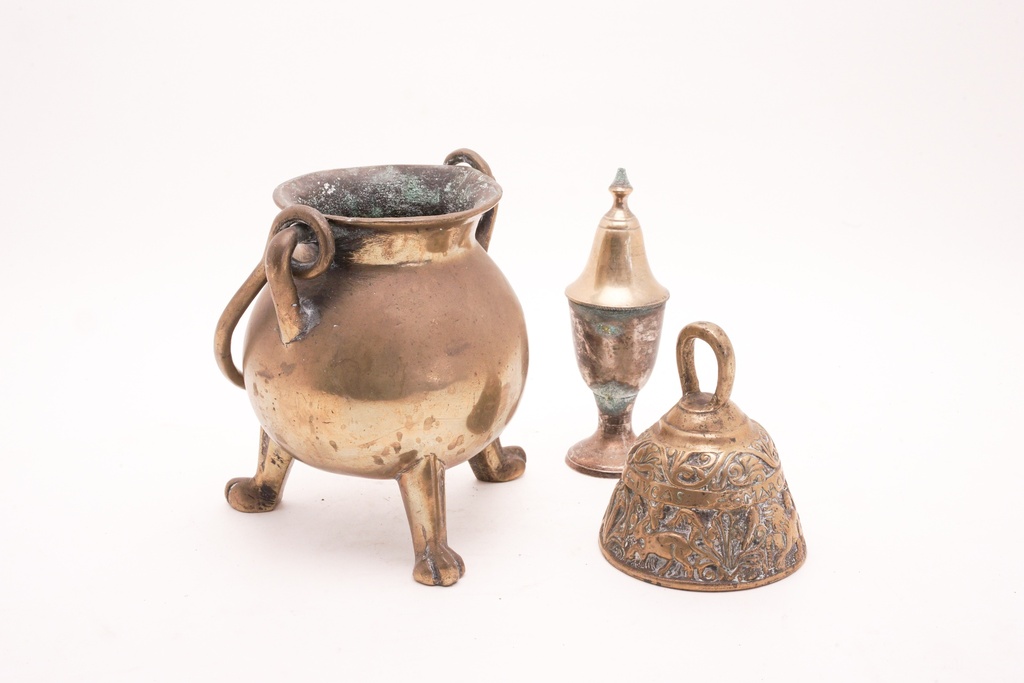 Antique Brass Cauldron, Ornate Bell, and Chalice Set