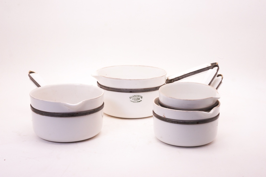 Vintage White Enamel Saucepan Set with Black Trim