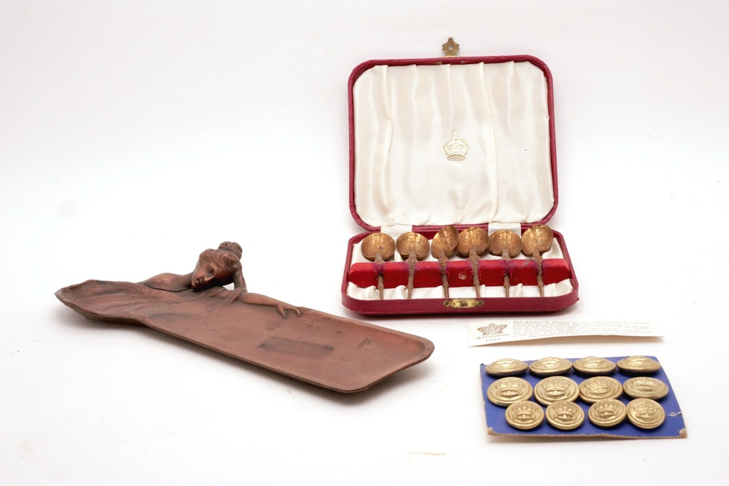 Victorian Trinket Collection with Gilt Spoons and Bronze Tray
