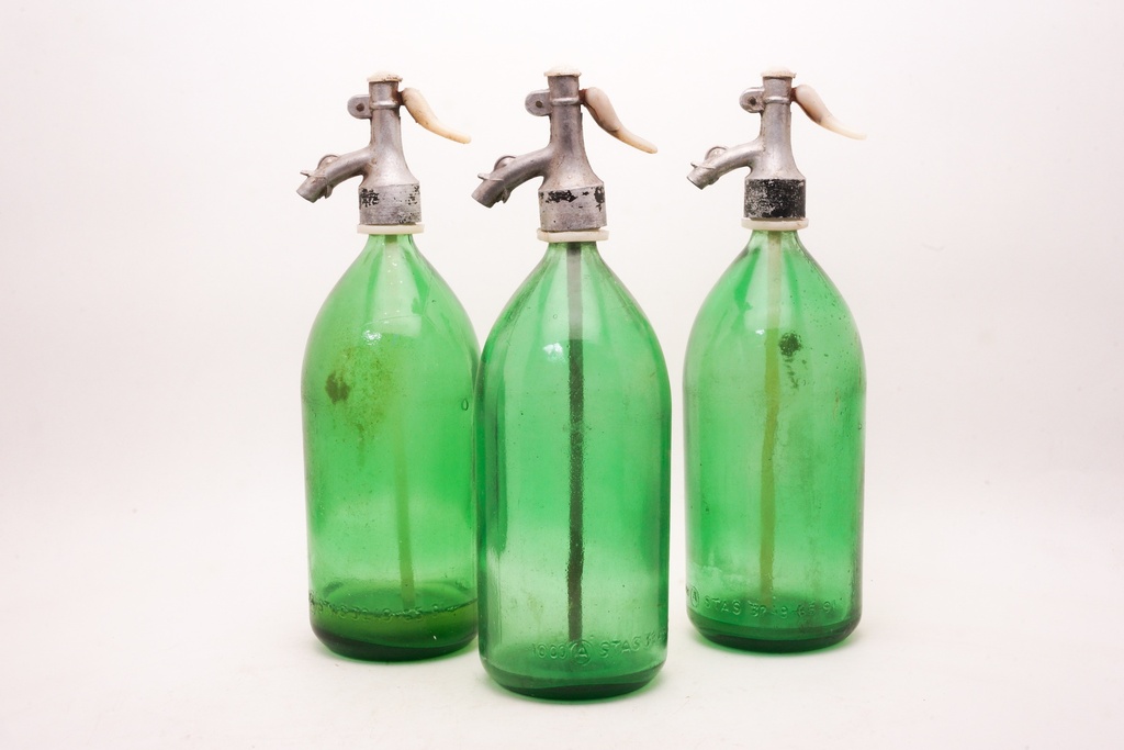 Vintage Green Seltzer Bottles Trio