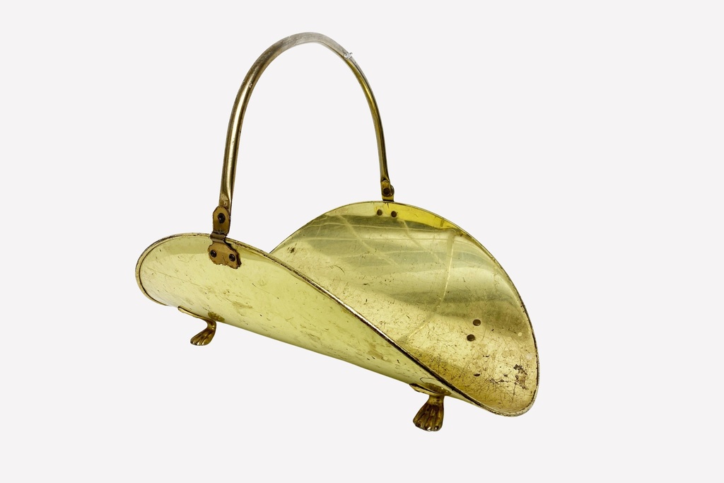 Vintage Brass Fireplace Log Holder with Handle and Claw Feet