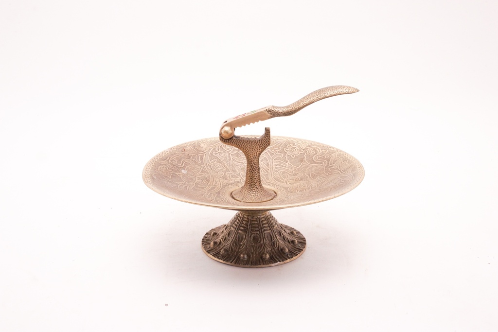 Ornate Brass Etched Pedestal Tray with Tool Handle Detail