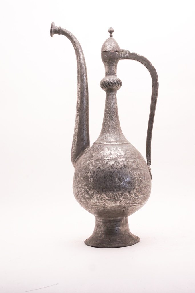 Antique Engraved Metal Ewer with Ornate Spout and Handle