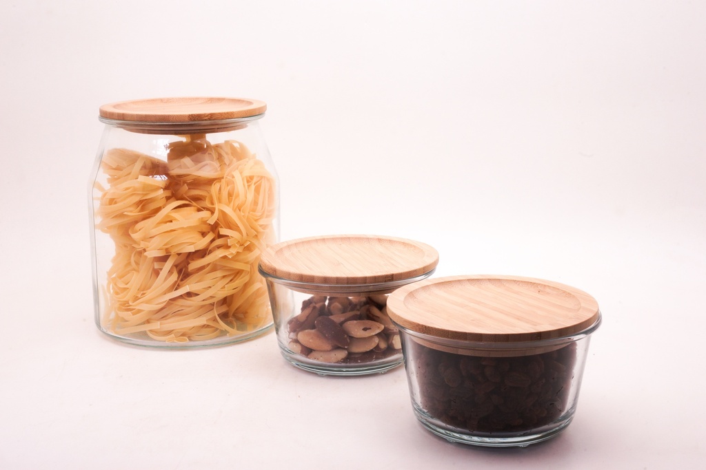 Glass Storage Jars with Bamboo Lids and Dry Goods