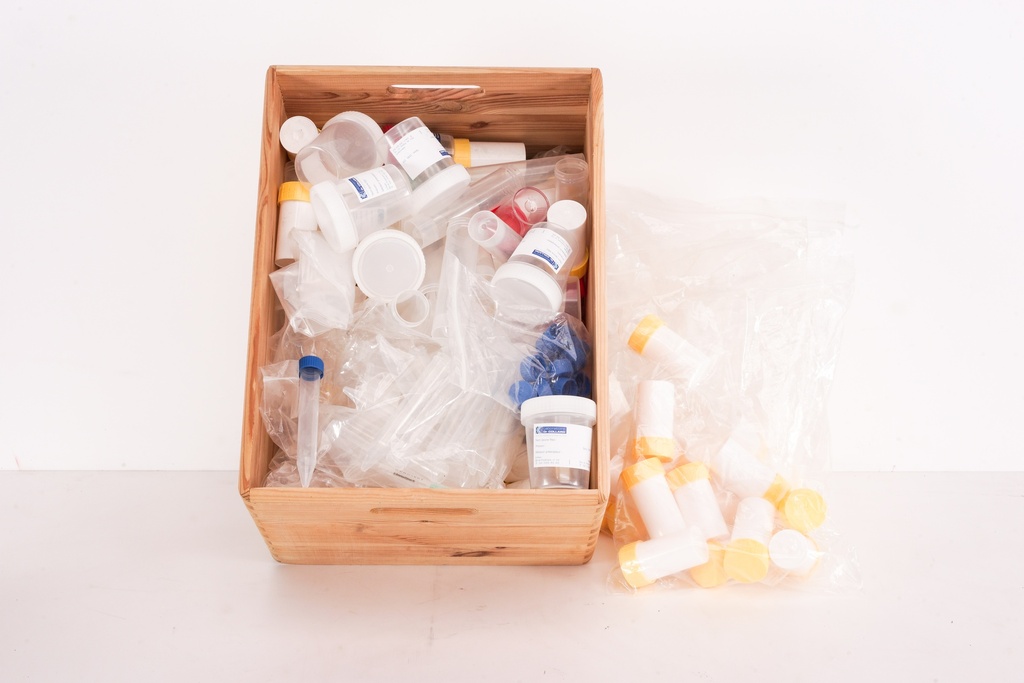 Wooden Box of Assorted Plastic Lab Containers