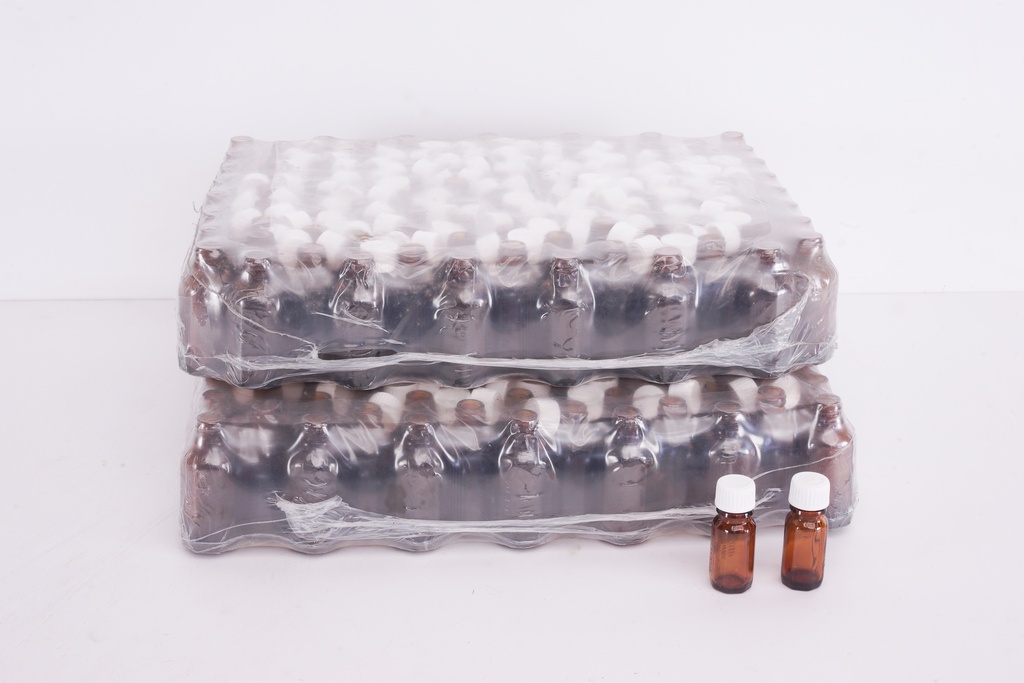 Shrink-Wrapped Amber Glass Bottles with White Caps