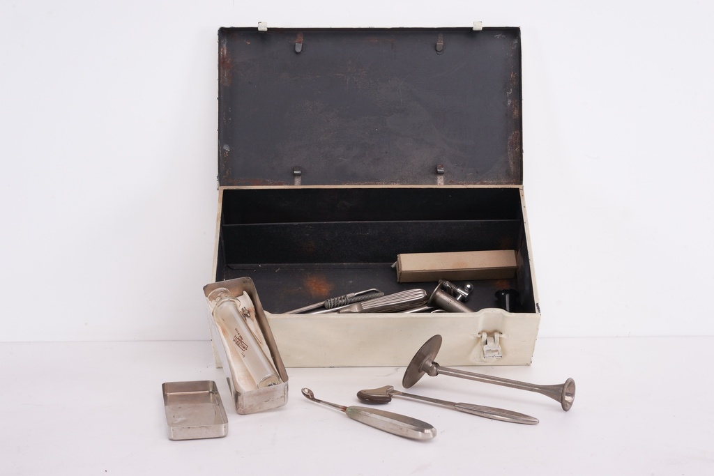Vintage Medical Instrument Kit in Metal Storage Box