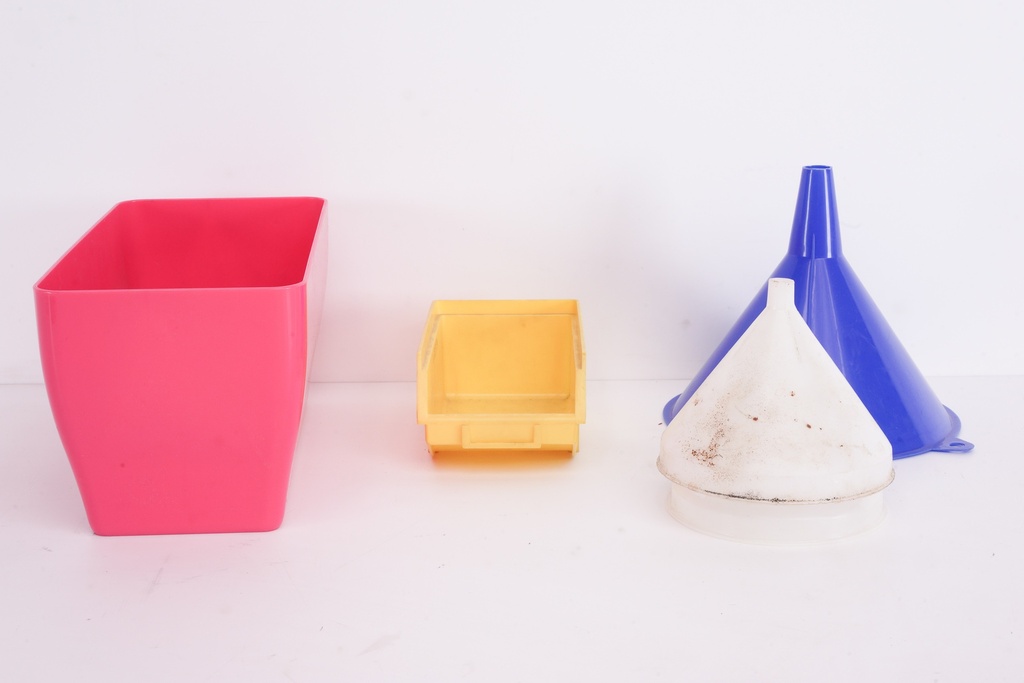 Colorful Plastic Containers and Funnels Assortment