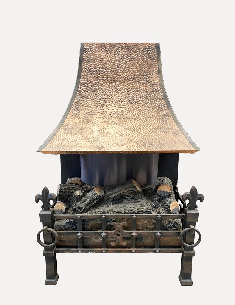 Rustic Hammered Copper Fireplace with Ornate Wrought Iron Detailing