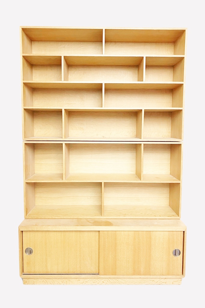 Natural Wood Multi-Compartment Bookshelf with Sliding Door Storage