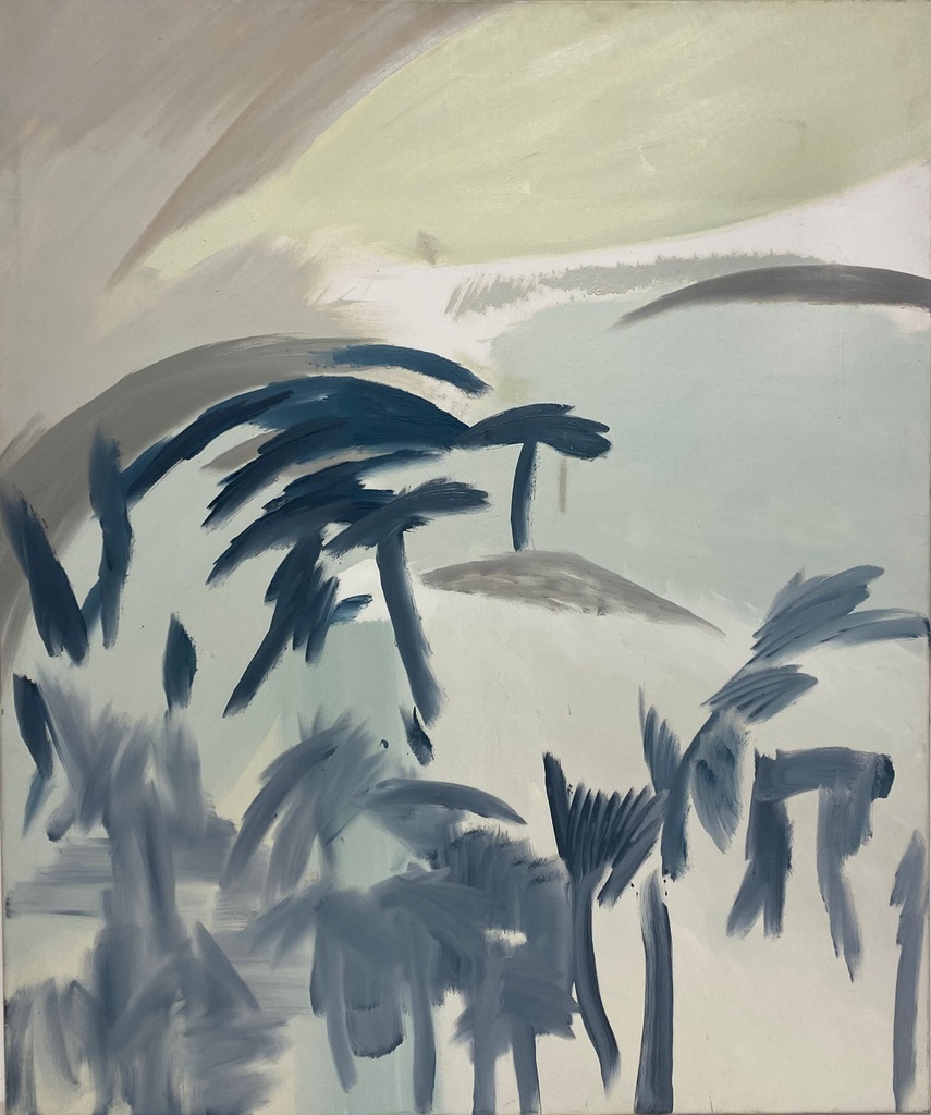 Abstract Coastal Landscape with Blue Palm Silhouettes