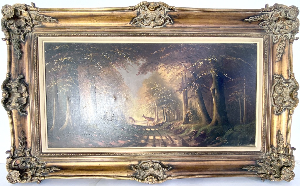Golden Woodland Scene with Deer in Ornate Frame