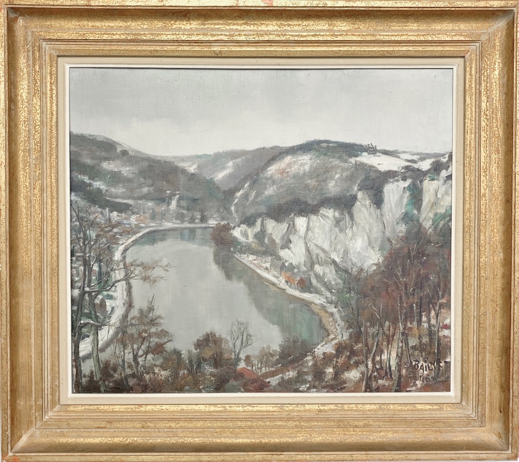 Winter Riverbend Painting in Ornate Gold Frame