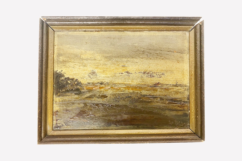 Golden Hour Rustic Landscape Painting in Aged Wooden Frame