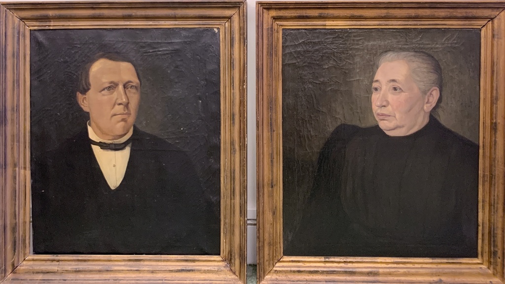 Antique Framed Portrait Duo in Black Attire