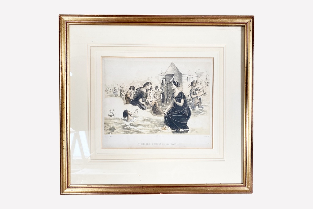 Antique Framed Bathing Scene Lithograph