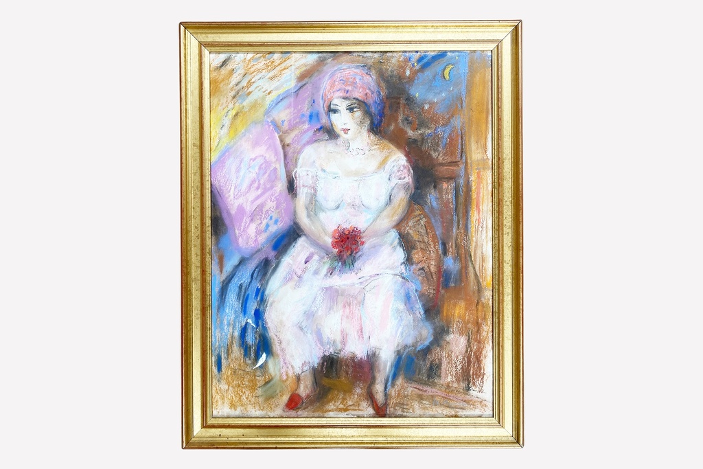 Seated Woman in White with Red Bouquet