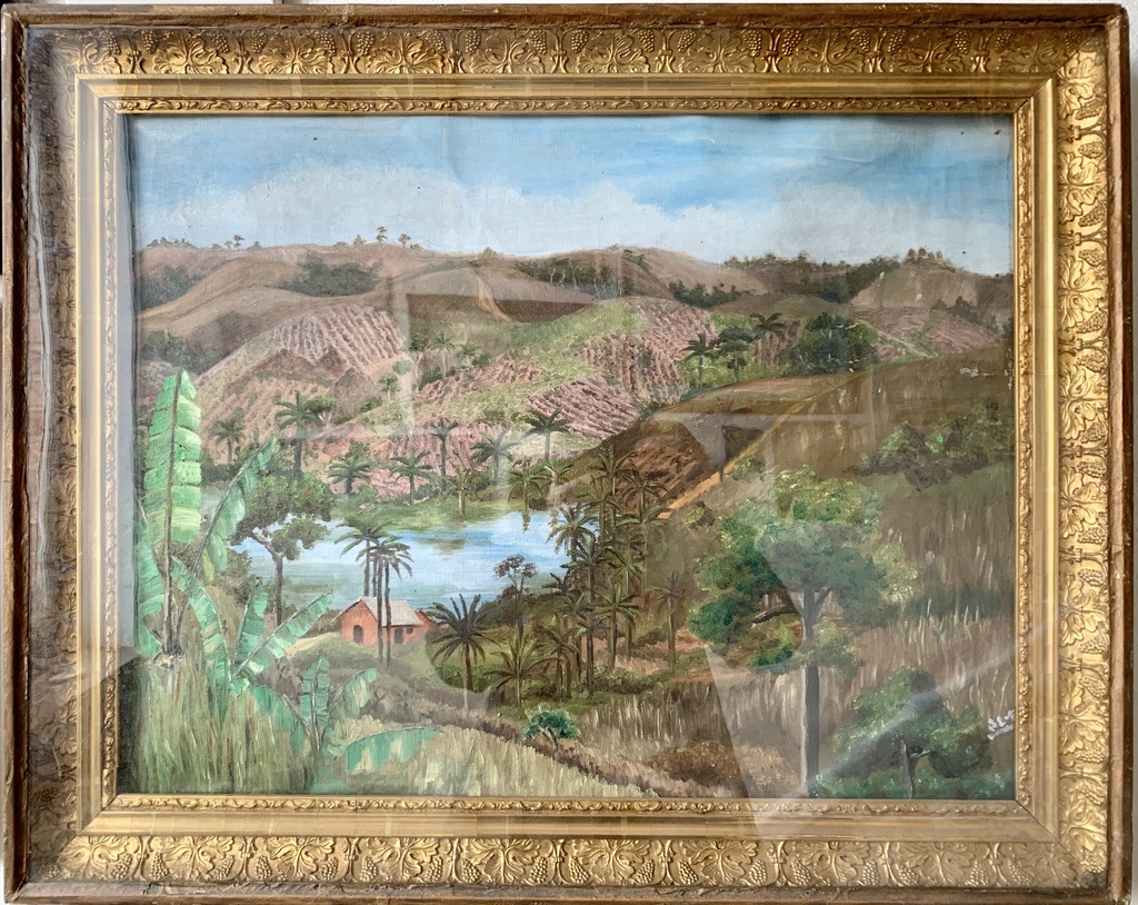 Tropical Hillside Landscape with River and Palm Trees
