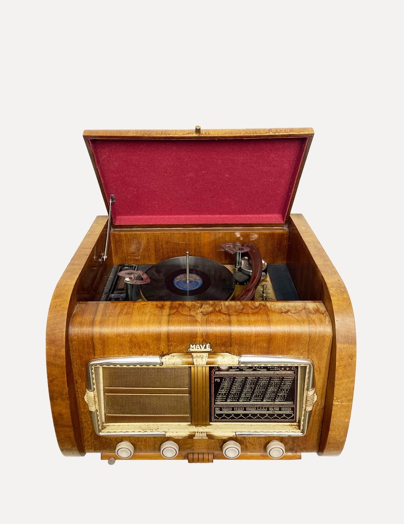 Vintage Wooden Radio-Phonograph Console with Open Lid