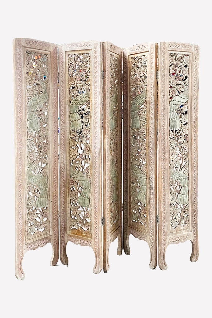 Ornately Carved Wooden Room Divider with Floral and Bird Motif