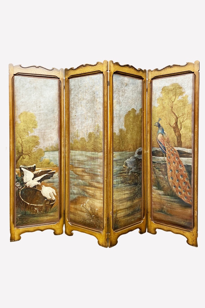 Hand-Painted Woodland Birds and Peacock Folding Screen