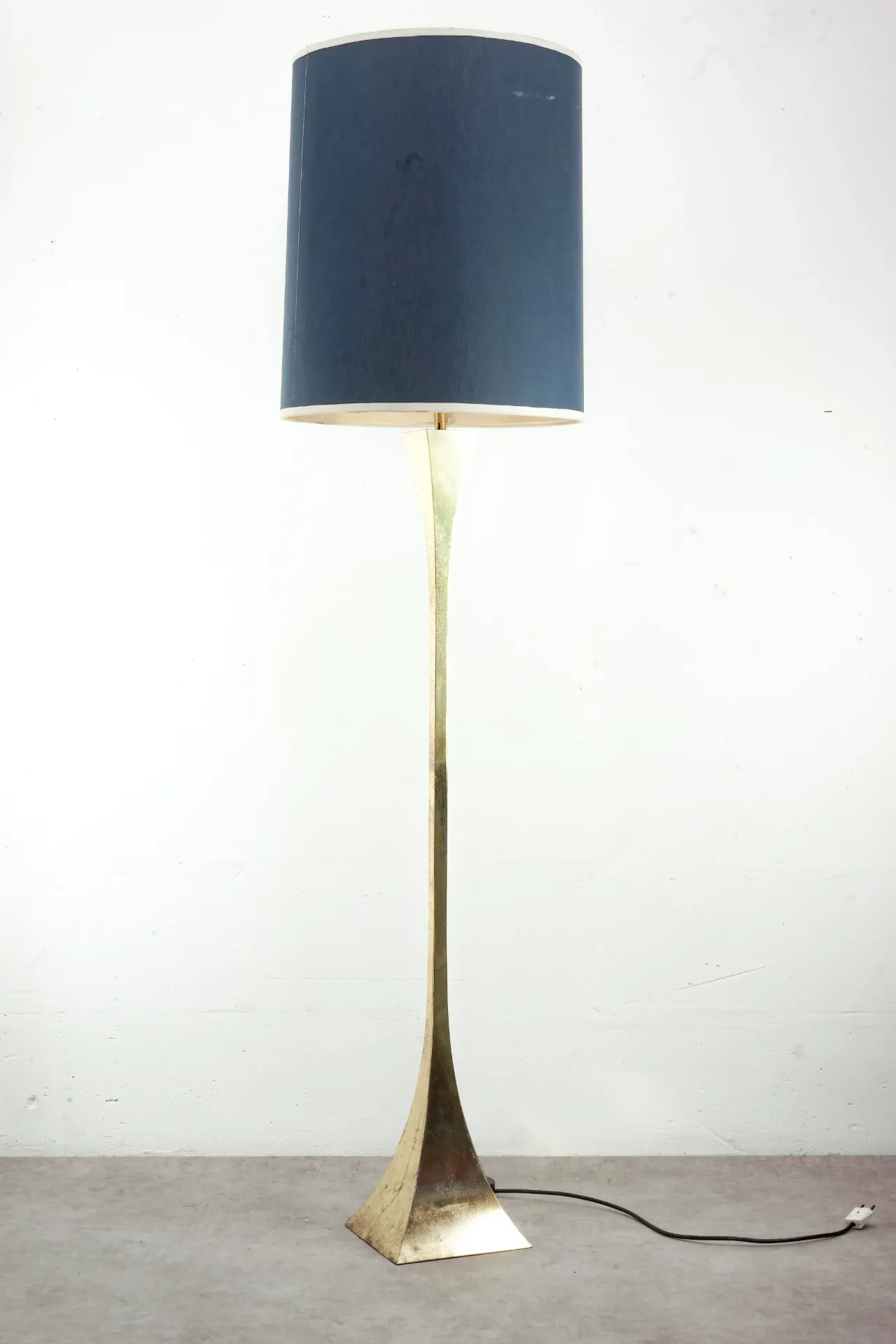 Mid-Century Modern Brass Floor Lamp with Navy Shade