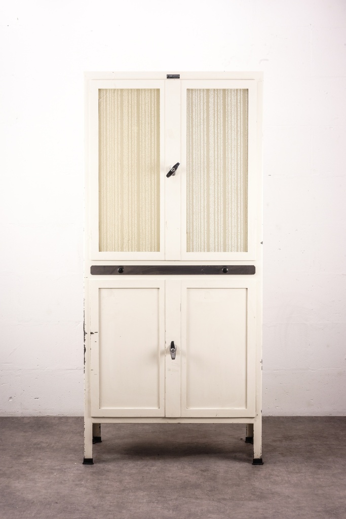 Vintage Ivory Metal Kitchen Cabinet with Glass Panel Doors