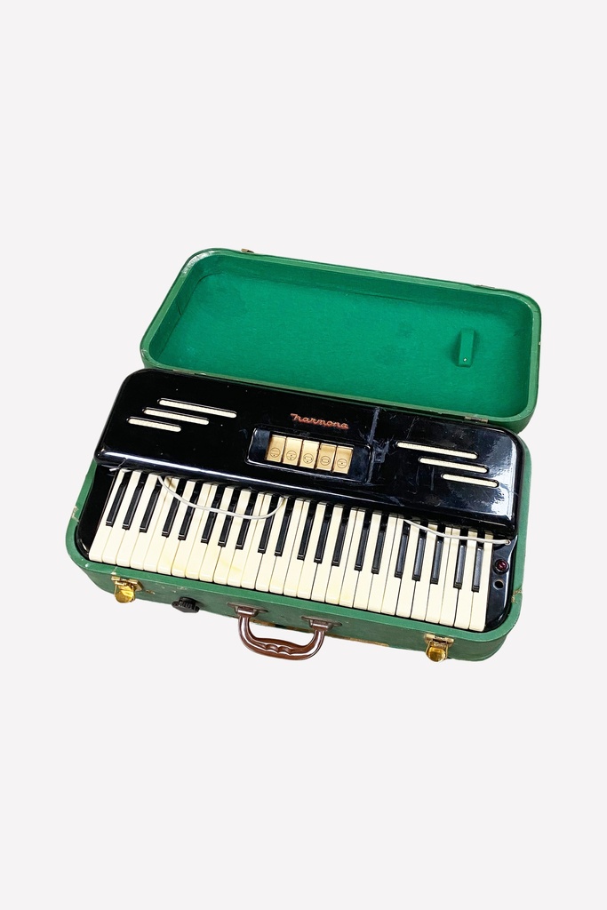 Vintage Portable Keyboard Accordion with Green Carrying Case