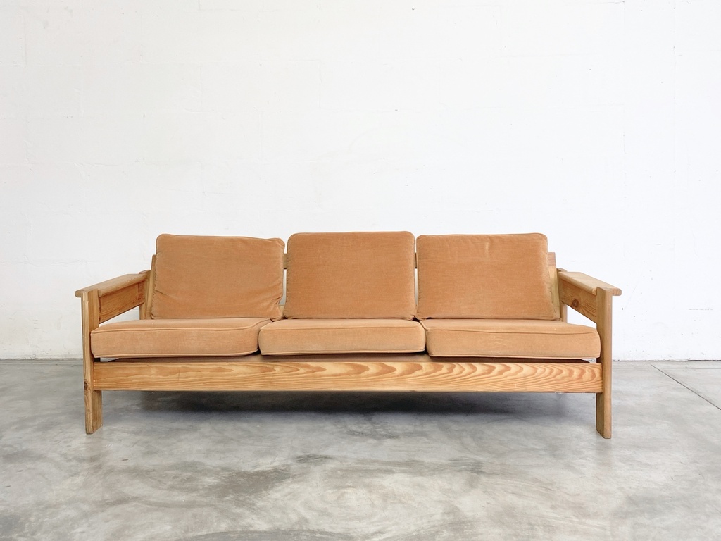 Mid-Century Modern Pine Frame Sofa with Camel Velvet Cushions